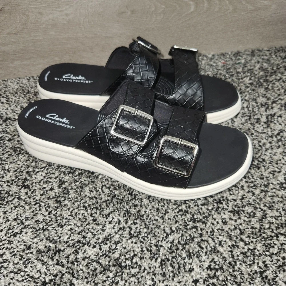 CLARKS Cloudsteppers Drift Buckle Sandal Comfort Slides Black & White Womens 11